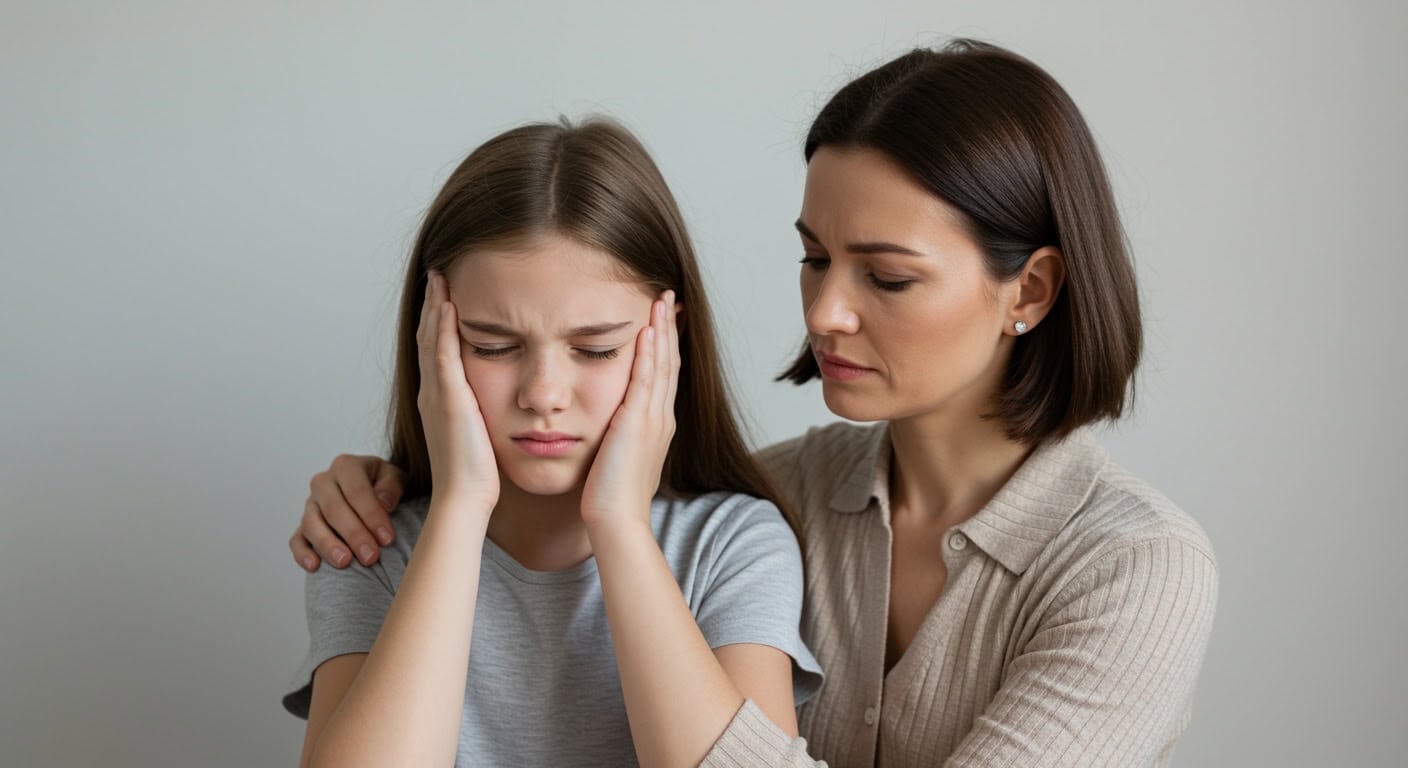 blog-1772049773240 Mother comforting child experiencing headaches and neck pain seeking pediatric chiropractic care