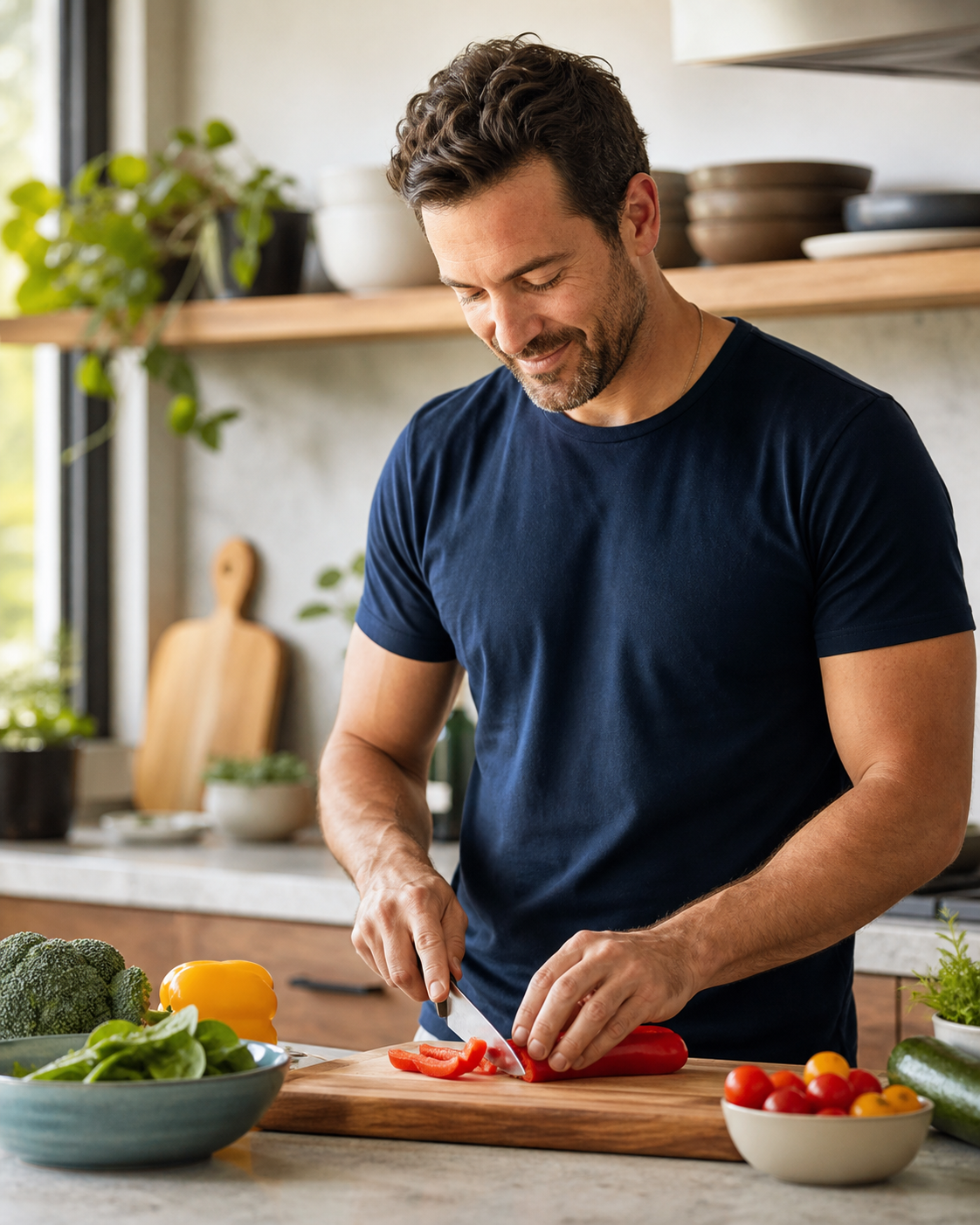 Man preparing colorful whole foods as part of a sustainable wellness routine